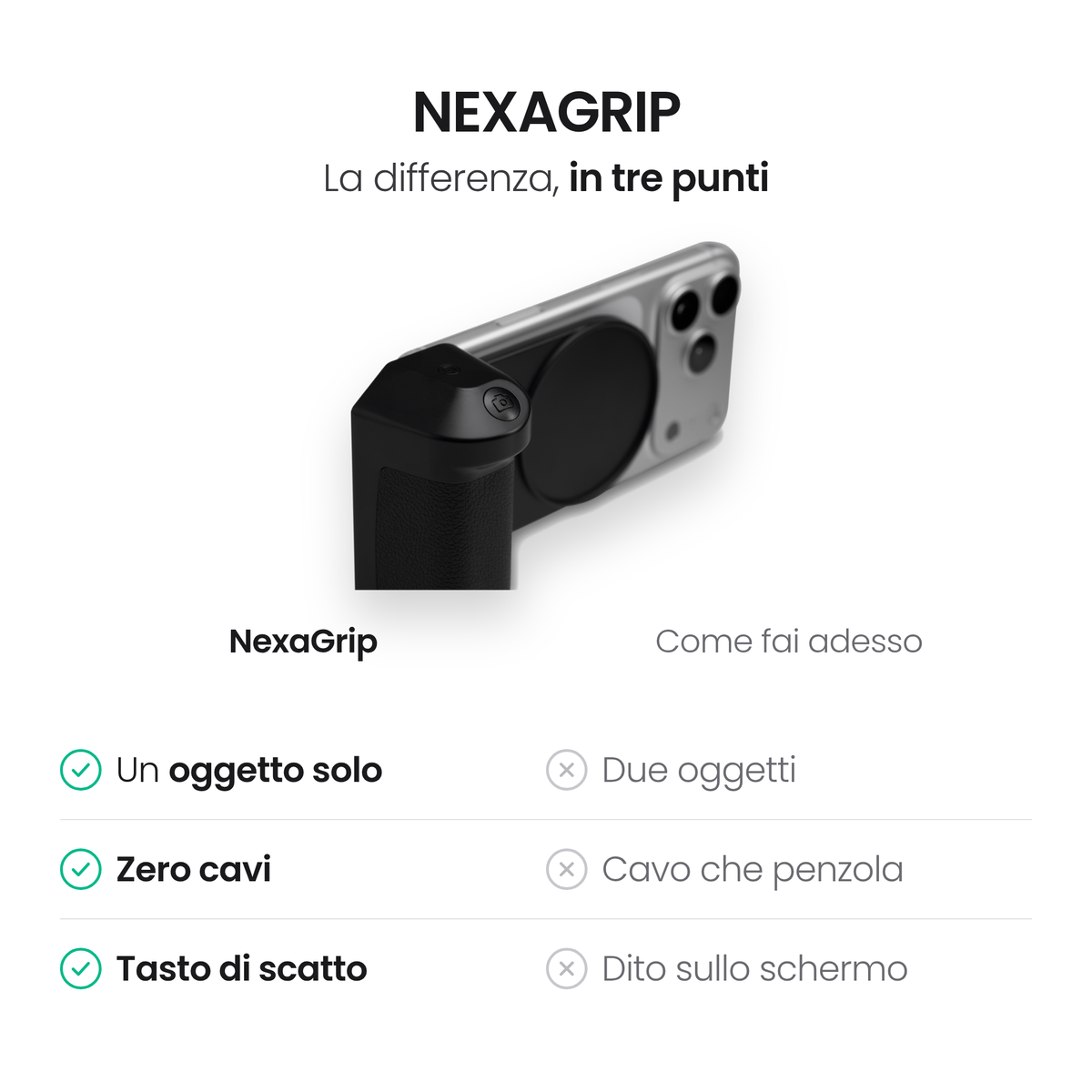 NexaGrip a confronto con telefono in mano e powerbank separato: un oggetto solo, zero cavi, tasto di scatto