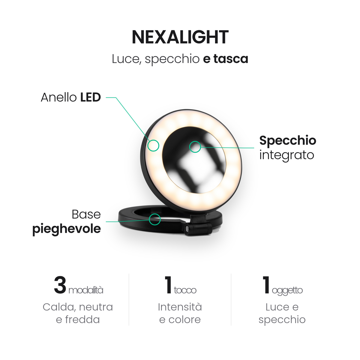NexaLight: anello LED, specchio integrato e base pieghevole magnetica