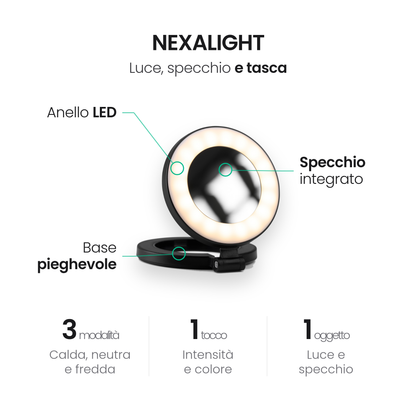 NexaLight: anello LED, specchio integrato e base pieghevole magnetica