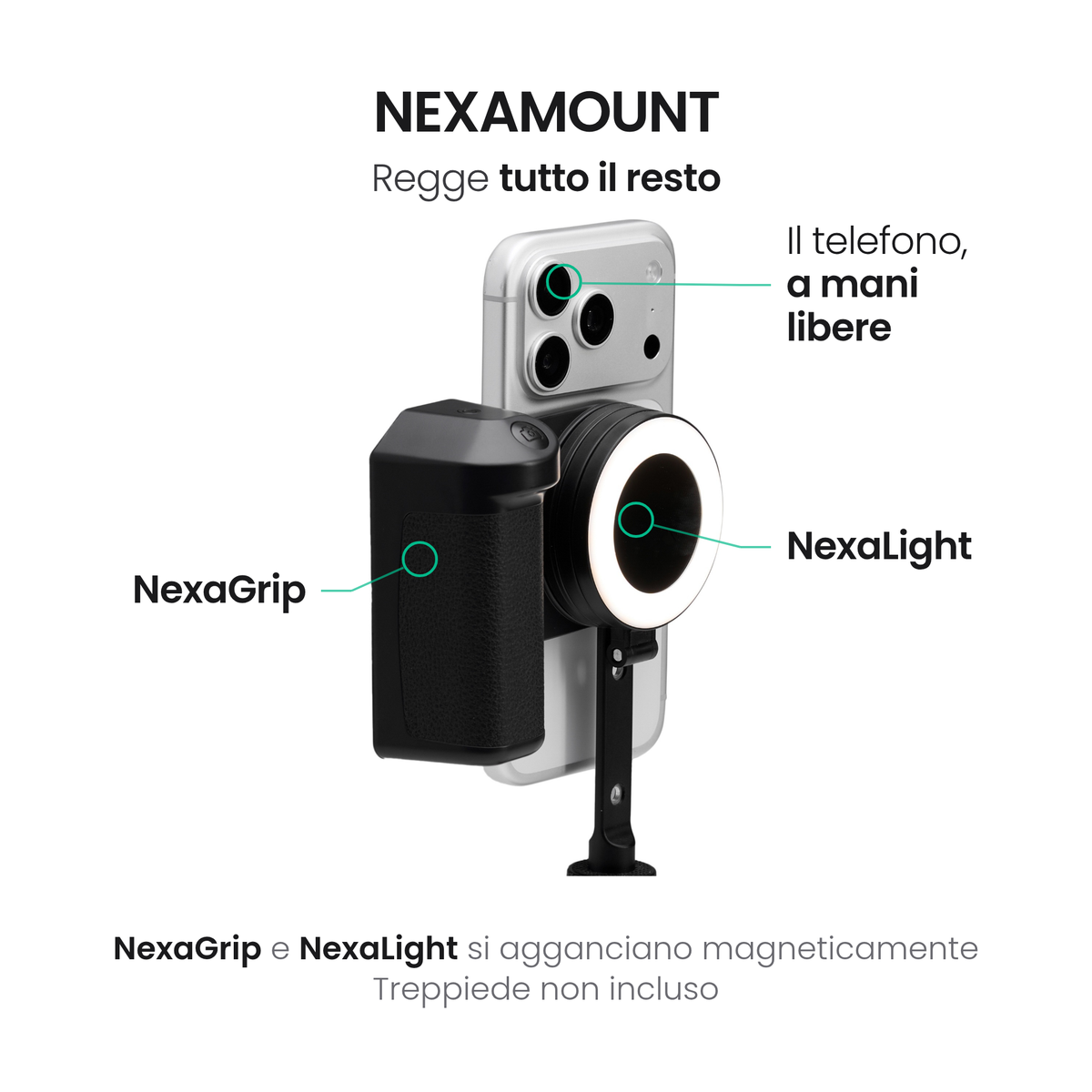 NexaMount regge telefono, NexaGrip e NexaLight su treppiede, per riprendere a mani libere