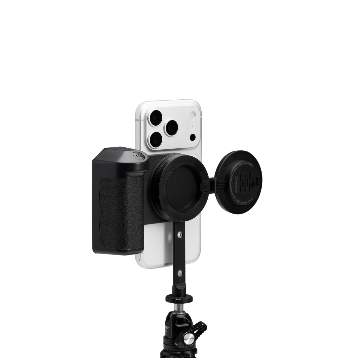 iPhone con NexaGrip e NexaLight agganciati al NexaMount e montati su treppiede